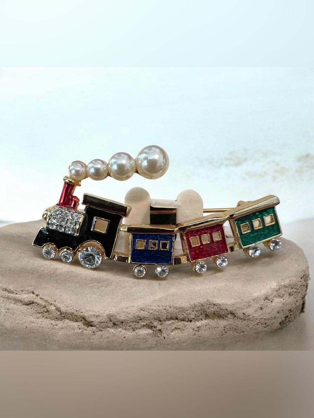 Gold-Tone Multicolor Enamel Train Brooch with Pearls